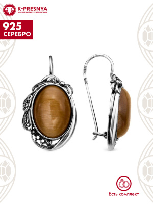 Серьги серебро 925 пробы, покрытие - оксидирование, вставка - искусственный кошачий глаз