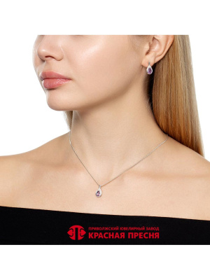 Серьги серебро 925 пробы, покрытие - родирование, вставка - аметист (полудрагоценный камень), фианит (недрагоценный камень)