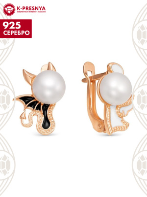 Серьги серебро 925 пробы, покрытие - золочение, отделка - эмаль, вставка - культивированный жемчуг