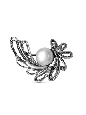 Брошь серебро 925 пробы, покрытие - оксидирование, вставка - культивированный жемчуг