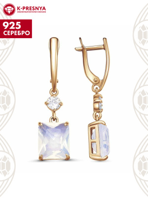 Серьги серебро 925 пробы, покрытие - золочение, вставка - стекло ювелирное собственной огранки, фианит (недрагоценный камень)