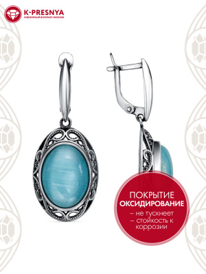 Серьги серебро 925 пробы, покрытие - оксидирование, вставка - искусственный кошачий глаз