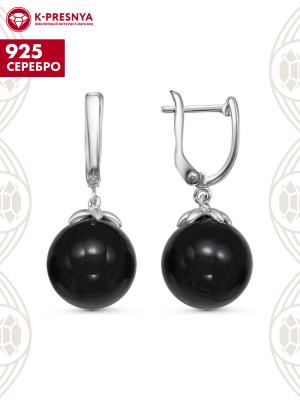 Серьги серебро 925 пробы, покрытие - родирование, вставка - искусственный агат черный