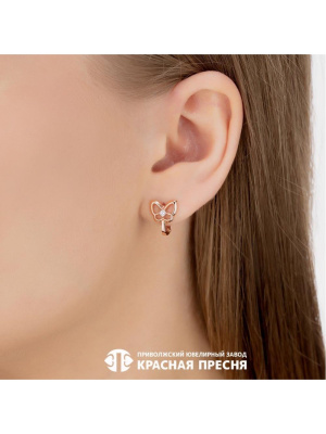 Серьги серебро 925 пробы, покрытие - золочение, вставка - фианит (недрагоценный камень)