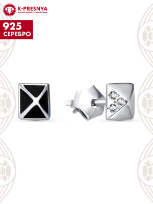Серьги серебро 925 пробы, покрытие - родирование, отделка - эмаль, вставка - фианит (недрагоценный камень)