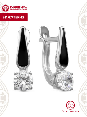 Серьги бижутерия, покрытие - серебрение, отделка - эмаль, вставка - фианит (недрагоценный камень)
