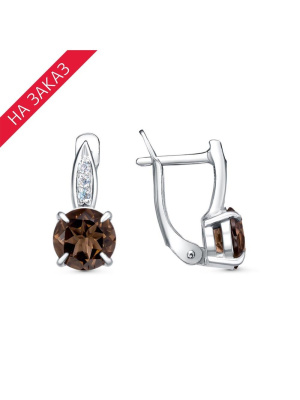 Серьги серебро 925 пробы, покрытие - родирование, вставка - дымчатый кварц, фианит (недрагоценный камень)