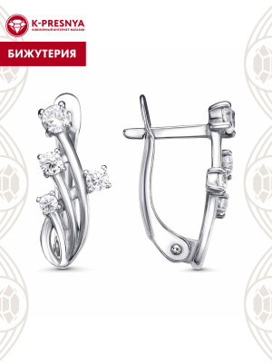 Серьги бижутерия, покрытие - платинирование, вставка - фианит (недрагоценный камень)