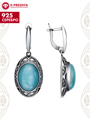 Серьги серебро 925 пробы, покрытие - оксидирование, вставка - искусственный кошачий глаз