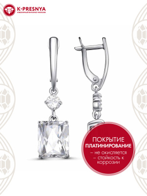 Серьги серебро 925 пробы, покрытие - платинирование, вставка - фианит (недрагоценный камень)