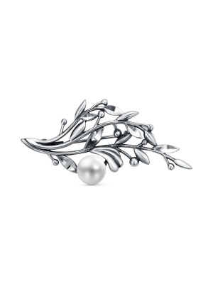 Брошь бижутерия, покрытие - серебрение с оксидированием, вставка - культивированный жемчуг