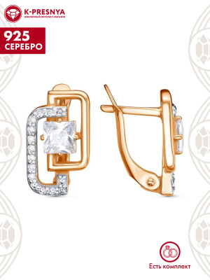 Серьги серебро 925 пробы, покрытие - золочение, выборочное родирование, вставка - фианит (недрагоценный камень)