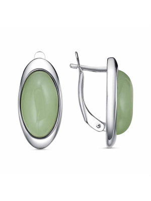 Серьги бижутерия, покрытие - платинирование, вставка - искусственный нефрит