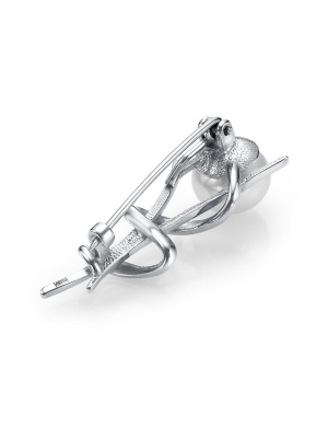 Брошь бижутерия, покрытие - платинирование, вставка - культивированный жемчуг