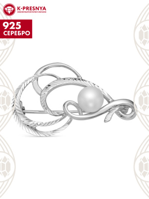 Брошь серебро 925 пробы, покрытие - родирование, отделка - алмазная грань, вставка - культивированный жемчуг