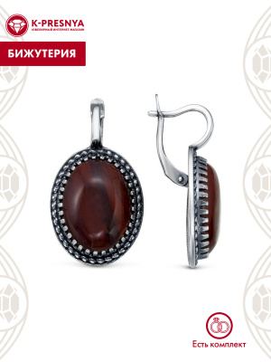 Серьги бижутерия, покрытие - серебрение с оксидированием, вставка - яшма