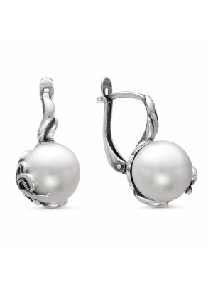 Серьги серебро 925 пробы, покрытие - оксидирование, вставка - имитация жемчуга