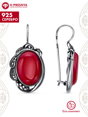 Серьги серебро 925 пробы, покрытие - оксидирование, вставка - искусственный коралл