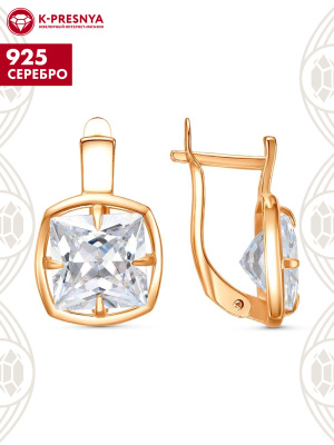 Серьги серебро 925 пробы, покрытие - золочение, вставка - фианит (недрагоценный камень)