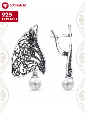 Серьги серебро 925 пробы, покрытие - оксидирование, вставка - имитация жемчуга