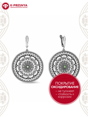 Серьги серебро 925 пробы, покрытие - оксидирование, вставка - искусственная шпинель