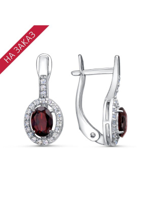 Серьги серебро 925 пробы, покрытие - родирование, вставка - гранат (полудрагоценный камень), фианит (недрагоценный камень)