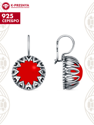 Серьги серебро 925 пробы, покрытие - оксидирование, вставка - искусственный коралл