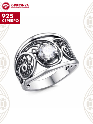 Кольцо серебро 925 пробы, покрытие - оксидирование, вставка - фианит (недрагоценный камень)