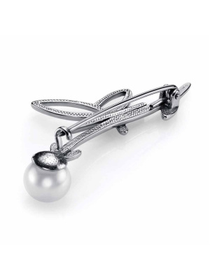 Брошь бижутерия, покрытие - серебрение с оксидированием, вставка - культивированный жемчуг
