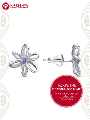 Серьги серебро 925 пробы, покрытие - платинирование, вставка - фианит (недрагоценный камень)