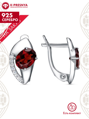 Серьги серебро 925 пробы, покрытие - платинирование, вставка - гранат (полудрагоценный камень), фианит (недрагоценный камень)