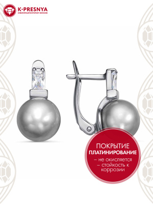 Серьги бижутерия, покрытие - платинирование, вставка - имитация жемчуга, фианит (недрагоценный камень)