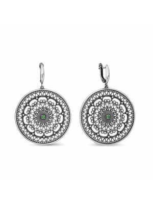 Серьги бижутерия, покрытие - серебрение с оксидированием, вставка - искусственная шпинель