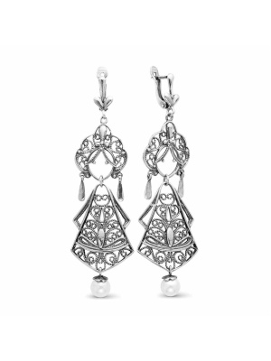 Серьги серебро 925 пробы, покрытие - оксидирование, вставка - имитация жемчуга