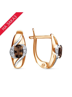 Серьги серебро 925 пробы, покрытие - золочение, выборочное родирование, вставка - дымчатый кварц, фианит (недрагоценный камень)