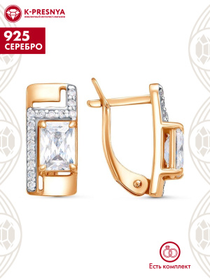 Серьги серебро 925 пробы, покрытие - золочение, выборочное родирование, вставка - фианит (недрагоценный камень)