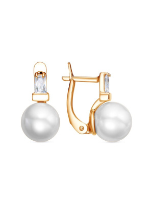 Серьги бижутерия, покрытие - золочение, вставка - имитация жемчуга, фианит (недрагоценный камень)