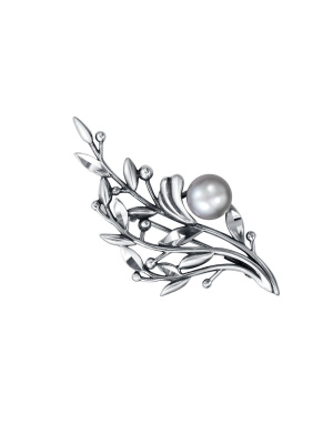 Брошь серебро 925 пробы, покрытие - оксидирование, отделка - алмазная грань, вставка - культивированный жемчуг