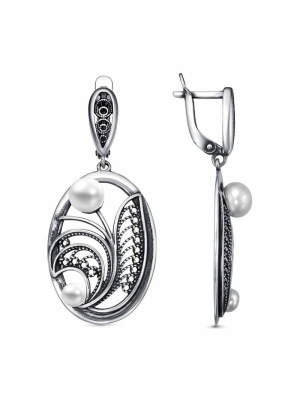 Серьги бижутерия, покрытие - серебрение с оксидированием, вставка - культивированный жемчуг