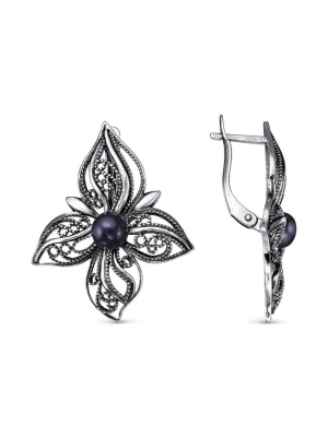 Серьги бижутерия, покрытие - серебрение с оксидированием, вставка - культивированный жемчуг