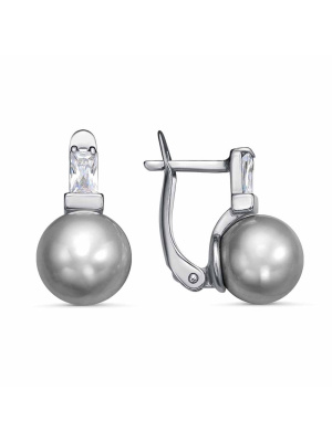 Серьги бижутерия, покрытие - платинирование, вставка - имитация жемчуга, фианит (недрагоценный камень)