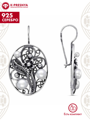 Серьги серебро 925 пробы, покрытие - оксидирование, вставка - культивированный жемчуг