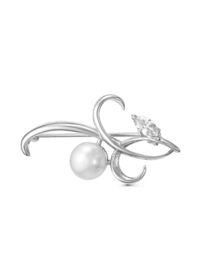 Брошь серебро 925 пробы, покрытие - родирование, вставка - культивированный жемчуг, фианит (недрагоценный камень)