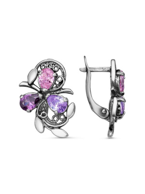 Серьги бижутерия, покрытие - серебрение с оксидированием, вставка - фианит (недрагоценный камень)