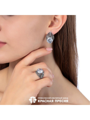 Серьги серебро 925 пробы, покрытие - оксидирование, вставка - фианит (недрагоценный камень)