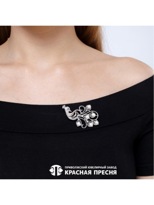 Брошь серебро 925 пробы, покрытие - родирование, вставка - культивированный жемчуг, фианит (недрагоценный камень)