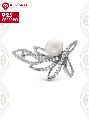 Брошь серебро 925 пробы, покрытие - родирование, вставка - культивированный жемчуг, фианит (недрагоценный камень)