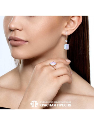 Серьги серебро 925 пробы, покрытие - золочение, вставка - стекло ювелирное собственной огранки, фианит (недрагоценный камень)