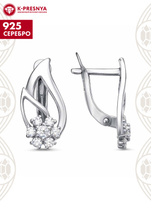 Серьги серебро 925 пробы, покрытие - родирование, вставка - фианит (недрагоценный камень)