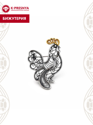 Брошь бижутерия, покрытие - серебрение с оксидированием, выборочное золочение, без вставок